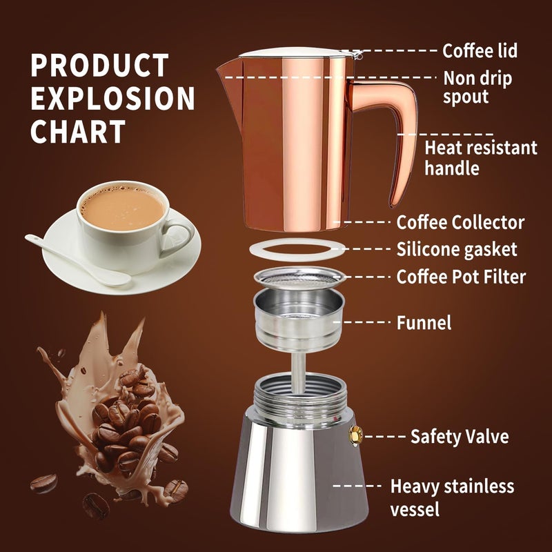 Collgene Stainless Steel Moka Pot Espresso Maker 6 Cups (10oz/300ml) - Italian Stovetop Coffee Maker for Gas & Induction Cooktops, Camping & Home Use, Durable Coffee Pot, Brown - Image 2